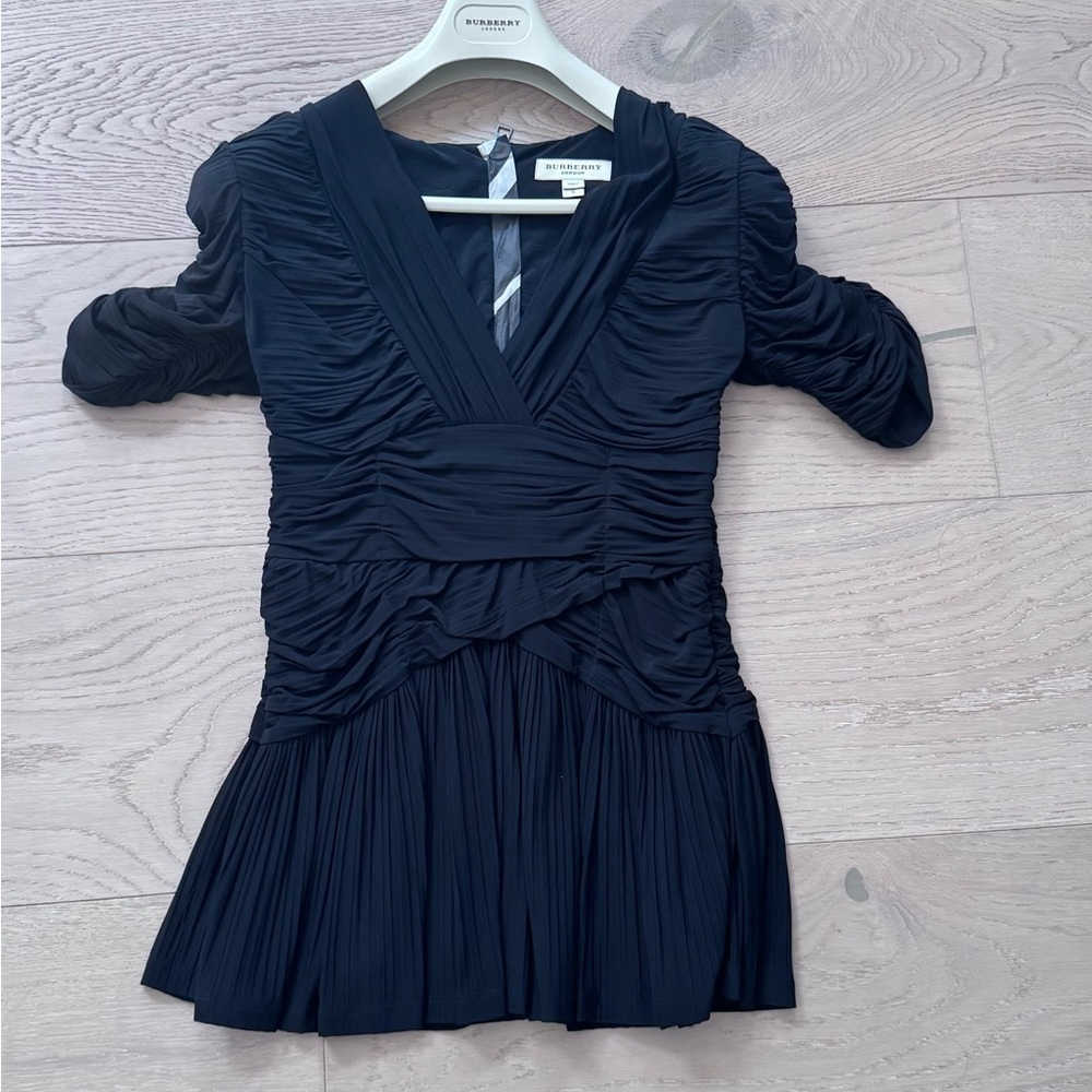 Burberry Navy Ruched V-Neck Dress
